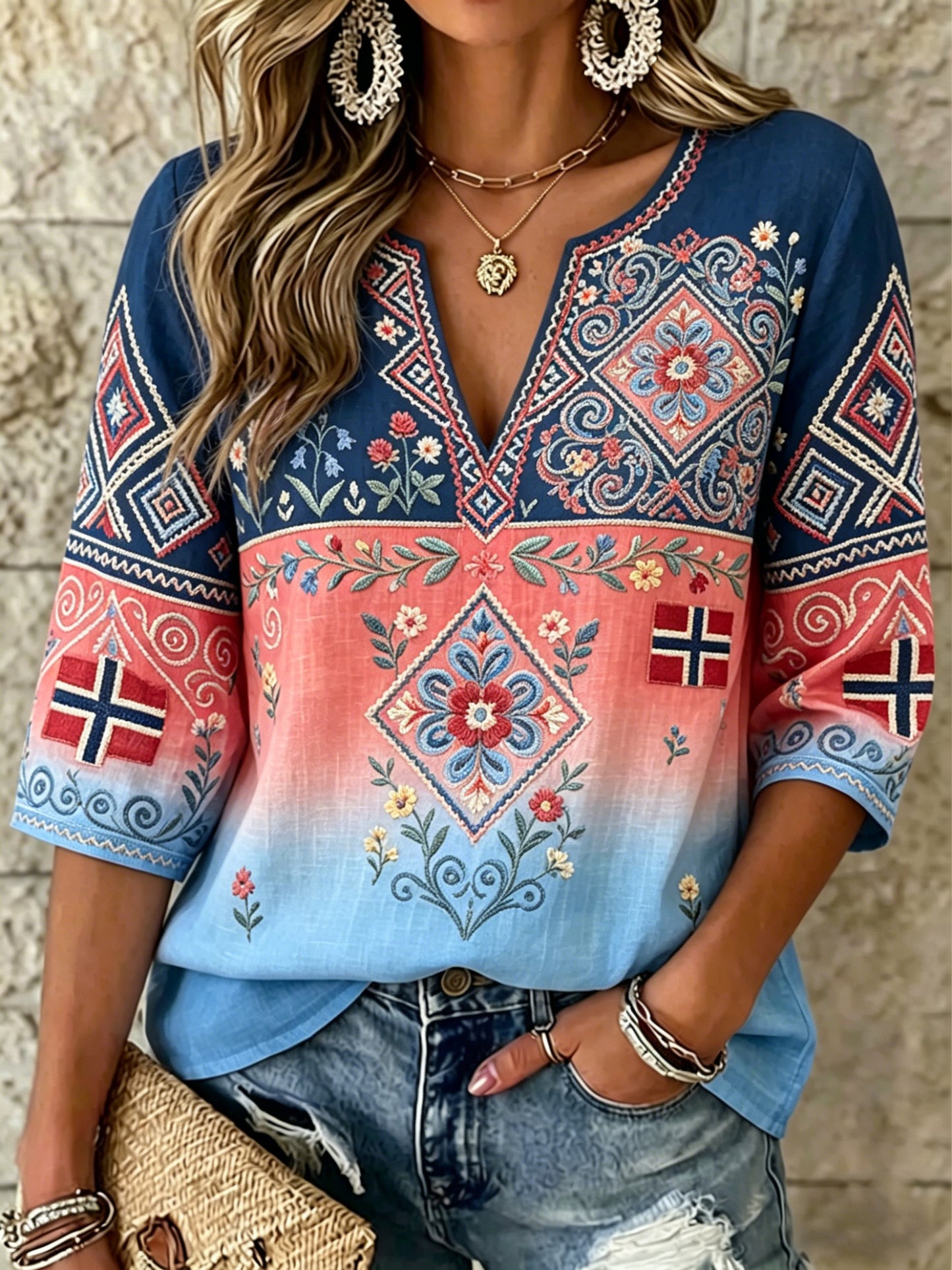 Women's Sweater with Norse Viking and Scandinavian Art Print and V-Neck
