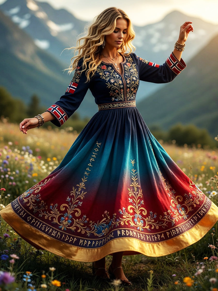 Women's dress in retro Scandinavian style in cotton-linen with Norwegian art print