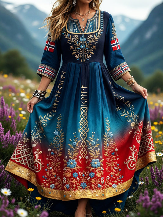 Women's dress in retro Scandinavian style in cotton-linen with Norwegian art print