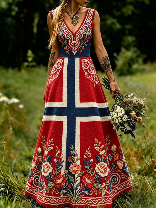 Scandinavian style women's dress with Nordic floral and Viking motif