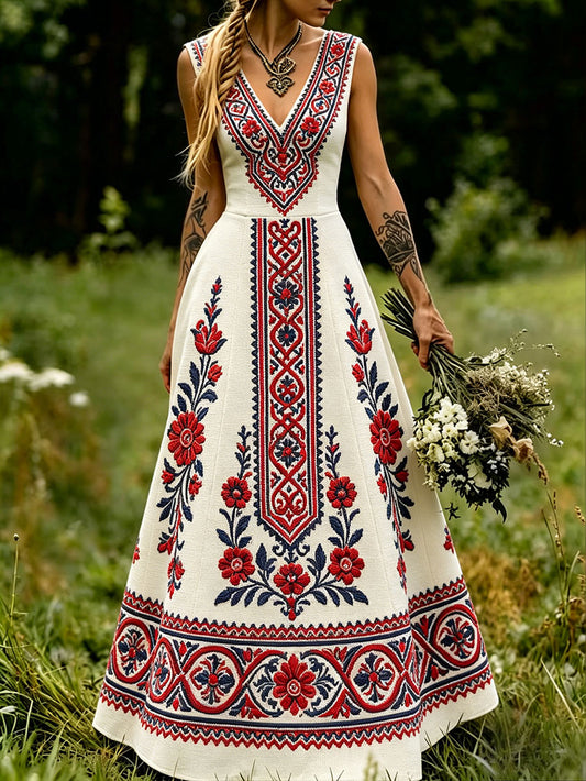 Women's dress in Scandinavian style with Nordic floral and Viking motifs