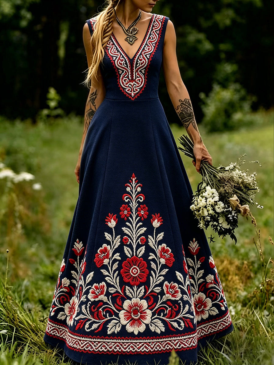 Scandinavian style women's dress with Nordic floral and Viking motif