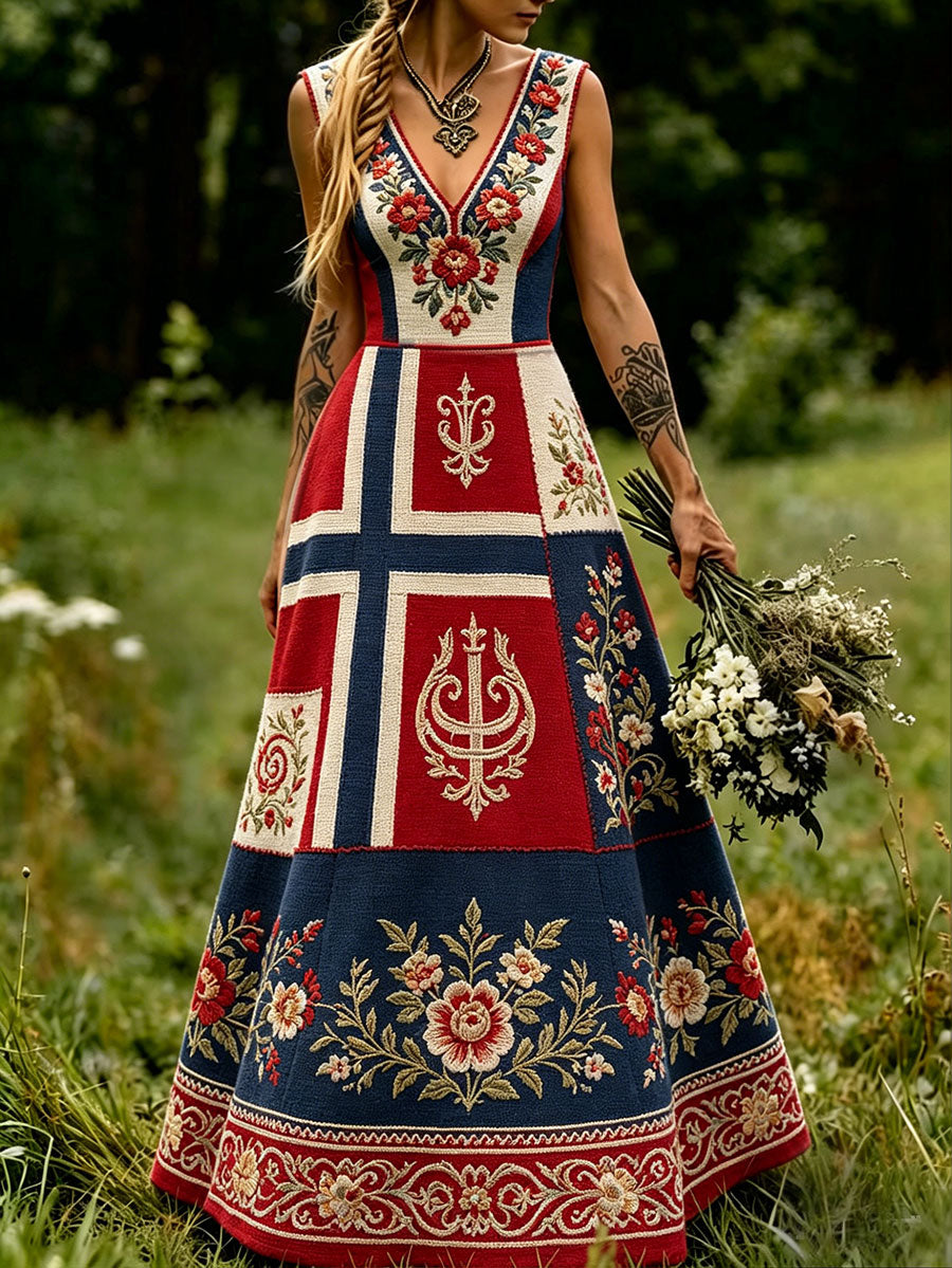 Scandinavian style women's dress with Nordic floral and Viking motif