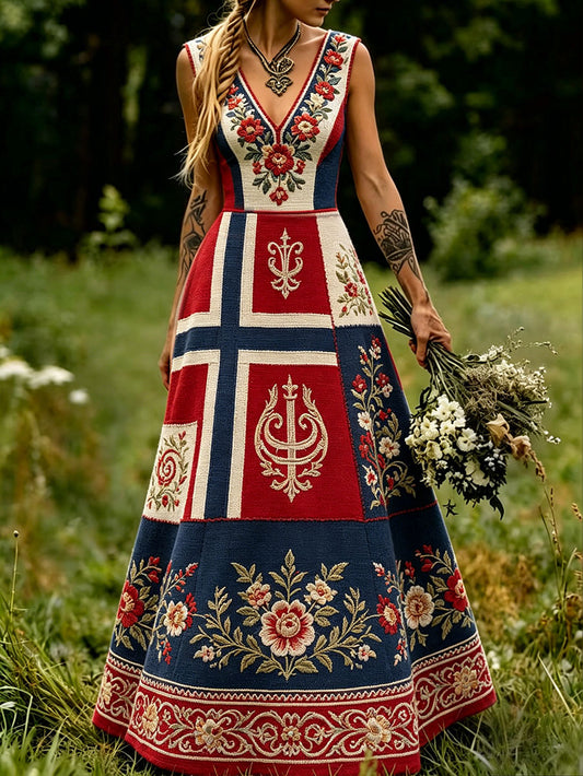 Scandinavian style women's dress with Nordic floral and Viking motif
