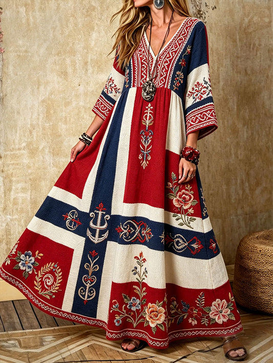 Scandinavian-style women's dress with Nordic floral and Viking symbol pattern printed on our linen
