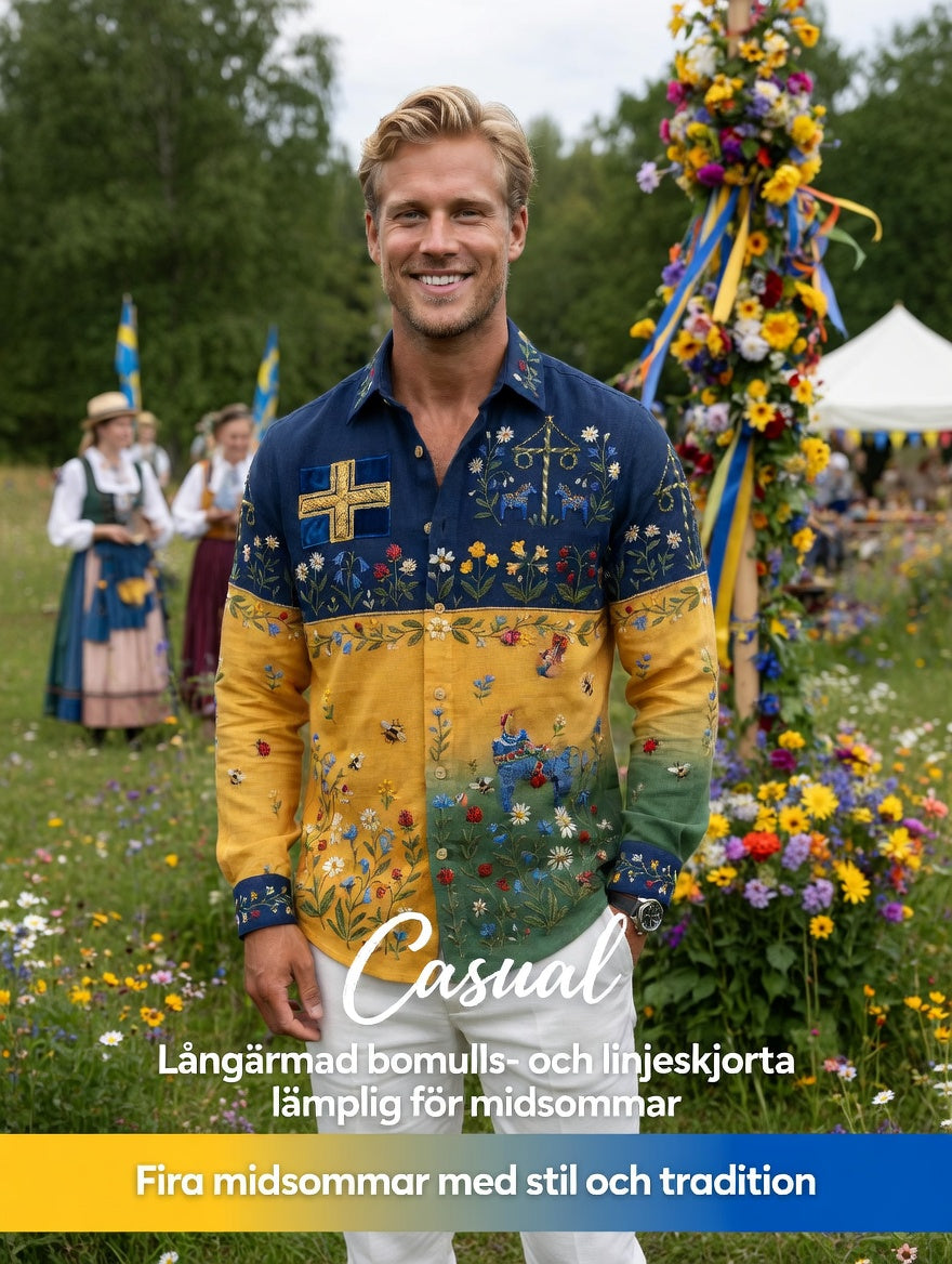 Herrretro svensk midsommarfolkaldrigblommig bomull-linne skjorta med långa ärmar