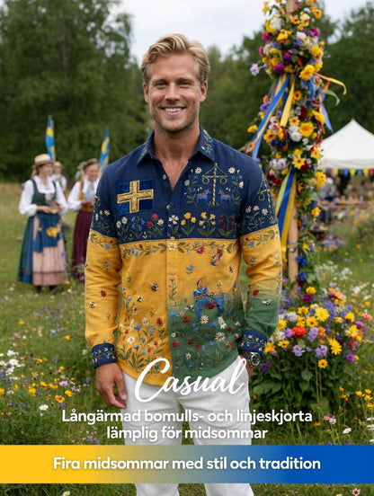 Herrretro svensk midsommarfolkaldrigblommig bomull-linne skjorta med långa ärmar
