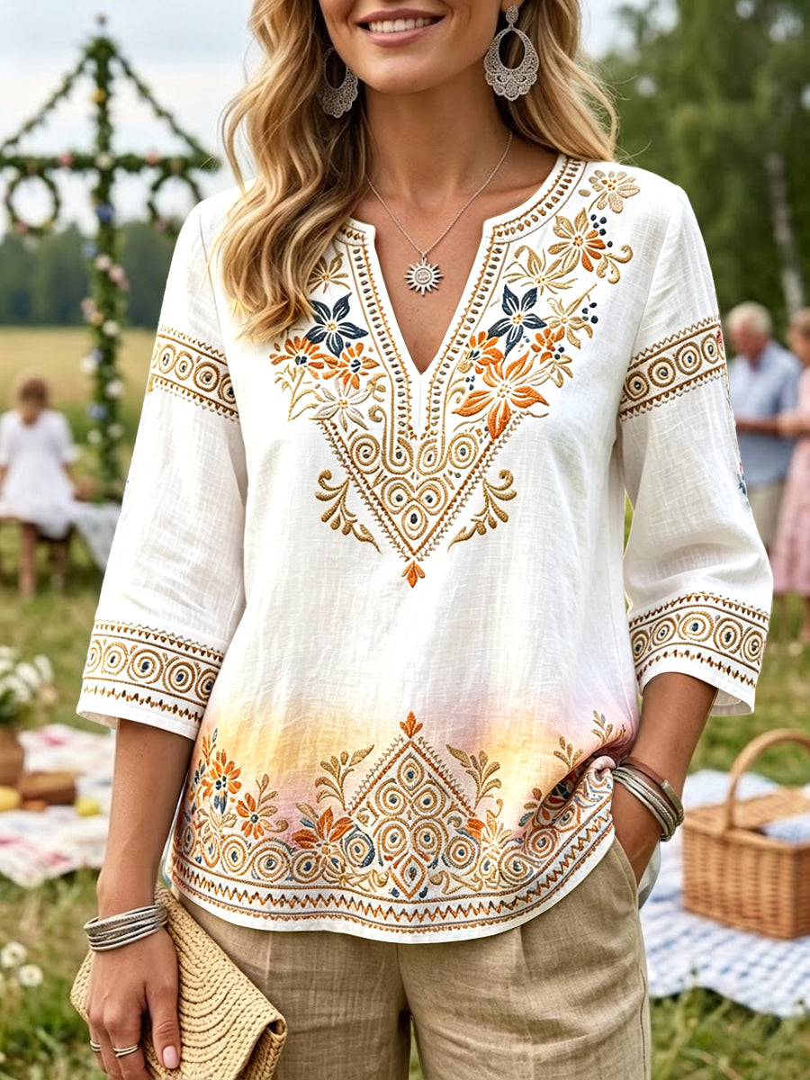 Dams midsommar 3D-blommig gradientprint svensk avslappnad t-shirt med v-ringning