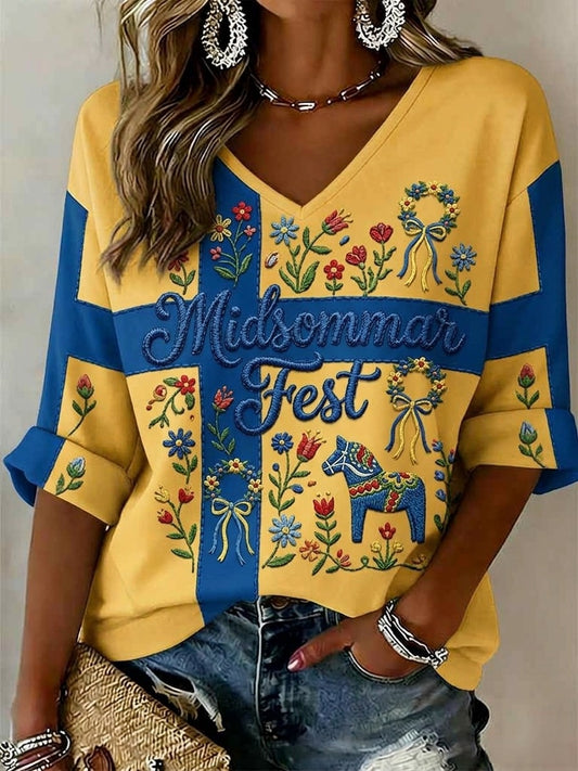 Ladies' retro Swedish Midsummer folk floral top