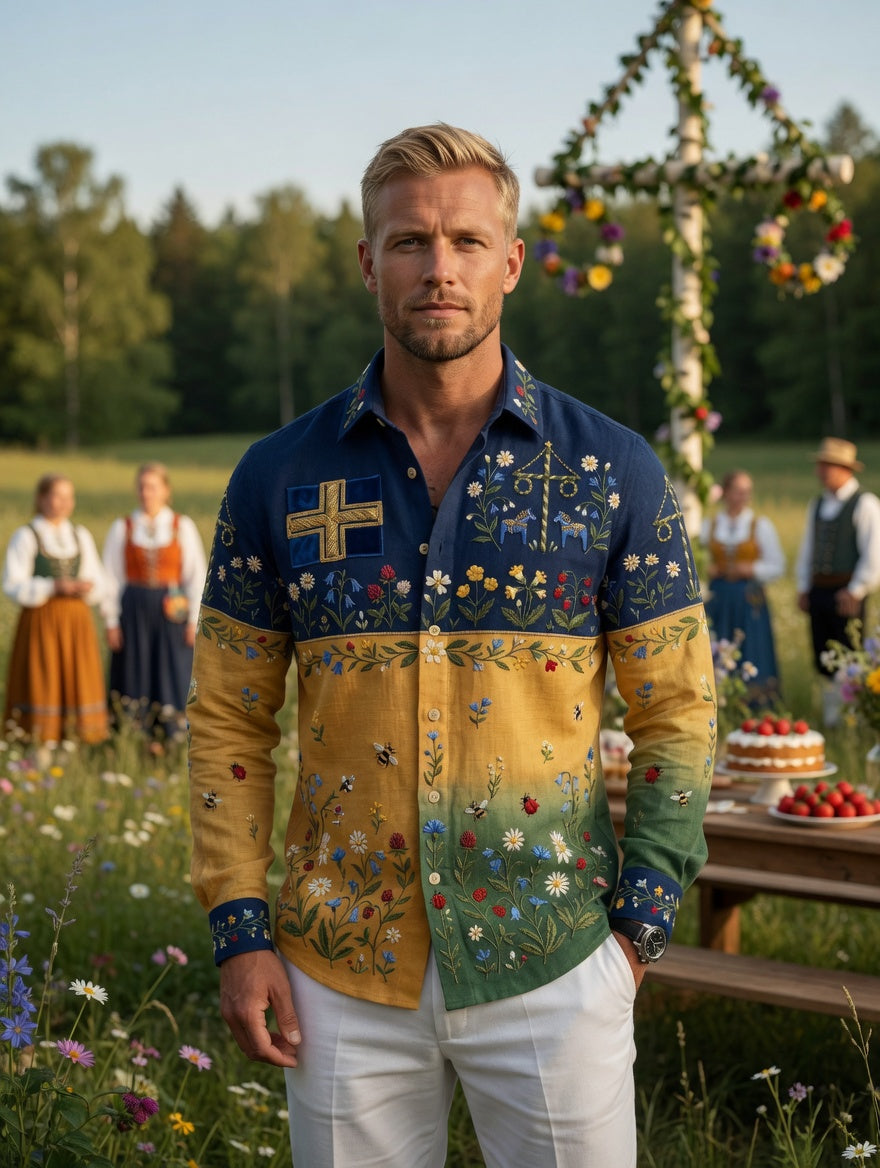 Herrretro svensk midsommarfolkaldrigblommig bomull-linne skjorta med långa ärmar
