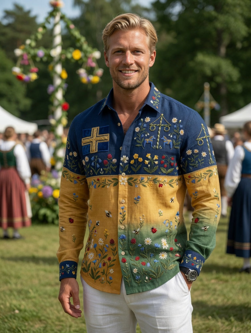 Herrretro svensk midsommarfolkaldrigblommig bomull-linne skjorta med långa ärmar