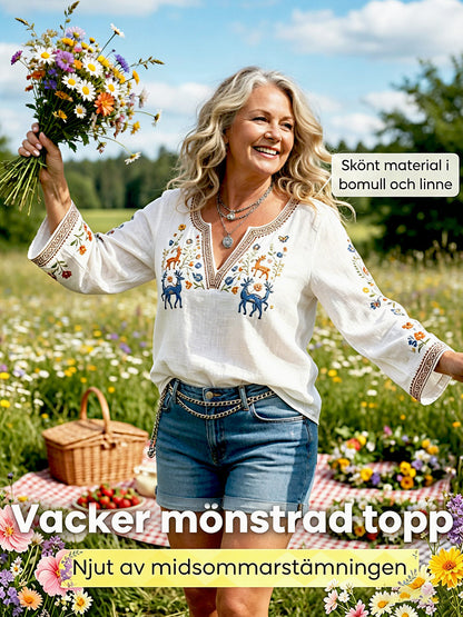 Damsvensk midsommarhjort blommönstrad vit casual t-shirt med v-ringning