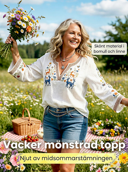 Ladies' Swedish Midsummer Deer Floral Pattern White Casual V-Neck T-Shirt
