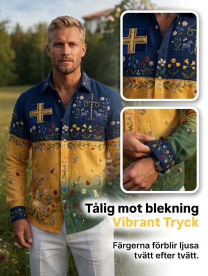 Herrretro svensk midsommarfolkaldrigblommig bomull-linne skjorta med långa ärmar