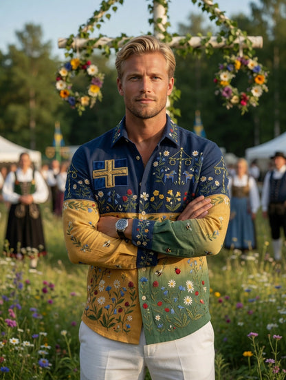 Herrretro svensk midsommarfolkaldrigblommig bomull-linne skjorta med långa ärmar