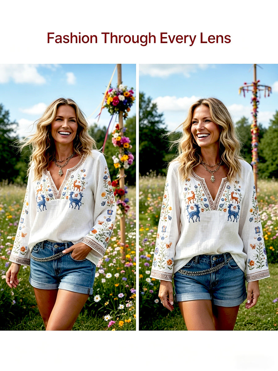 Damsvensk midsommarhjort blommönstrad vit casual t-shirt med v-ringning