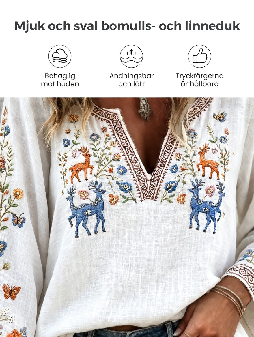 Damsvensk midsommarhjort blommönstrad vit casual t-shirt med v-ringning