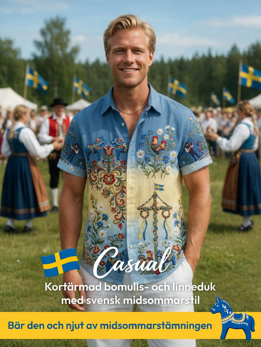 Men's retro Swedish Midsummer folk never-fading floral cotton-linen short-sleeved shirt