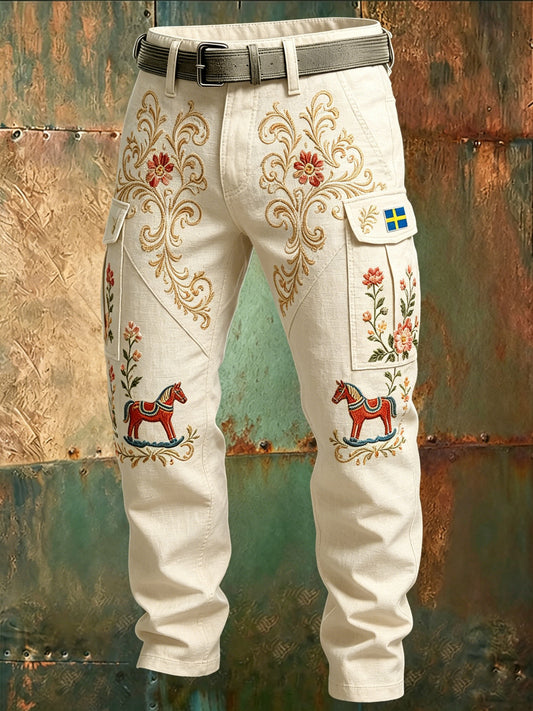 Men's trousers with Swedish Dalecarlian horse art print
