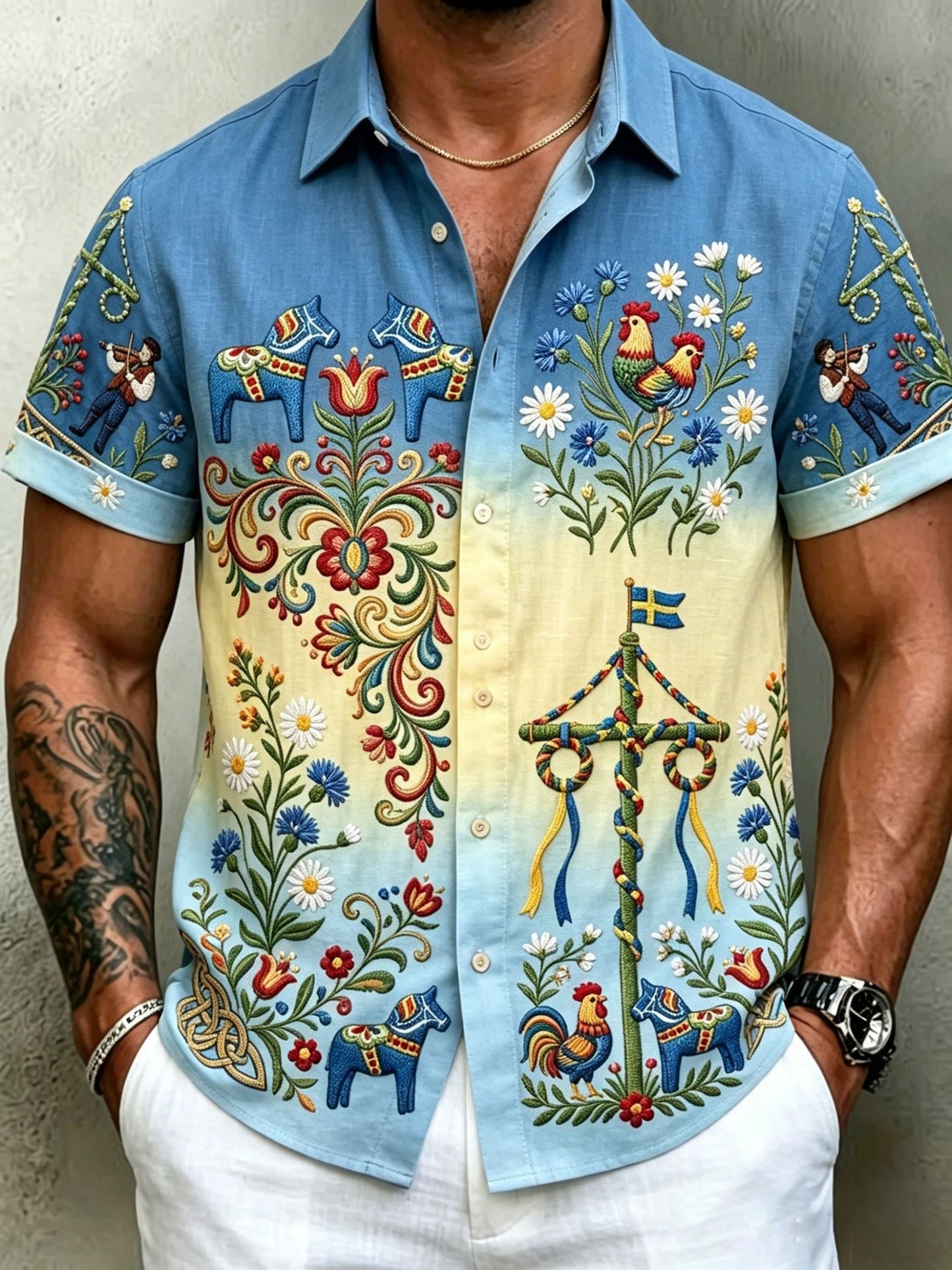 Men's retro Swedish Midsummer folk never-fading floral cotton-linen short-sleeved shirt