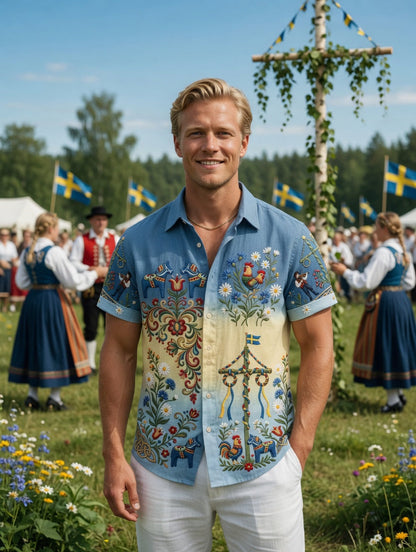 Men's retro Swedish Midsummer folk never-fading floral cotton-linen short-sleeved shirt