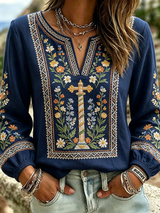 Women's Retro Swedish Midsummer Folk Blouse in Cotton-Linen with Floral Pattern