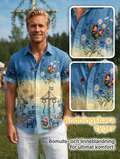 Men's retro Swedish Midsummer folk never-fading floral cotton-linen short-sleeved shirt