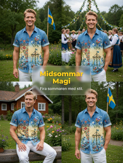 Men's retro Swedish Midsummer folk never-fading floral cotton-linen short-sleeved shirt