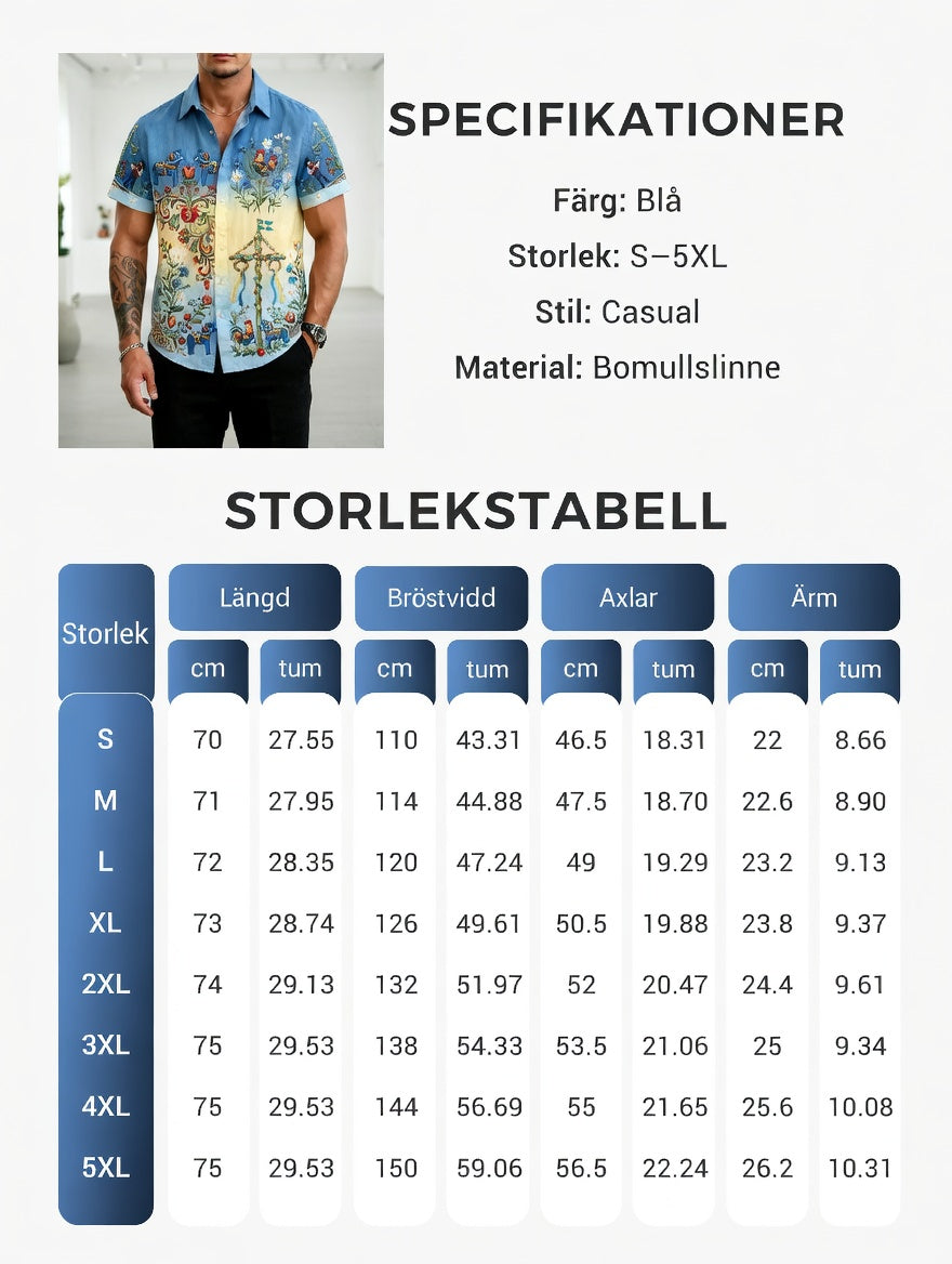 Men's retro Swedish Midsummer folk never-fading floral cotton-linen short-sleeved shirt