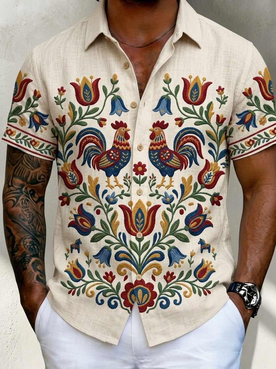 Herr Retro Svenska midsommar Folk Floral Cotton-Linen Short-Slem skjortar
