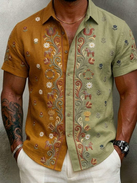 Men's retro Swedish Midsummer folk never-fading floral cotton-linen short-sleeved shirt