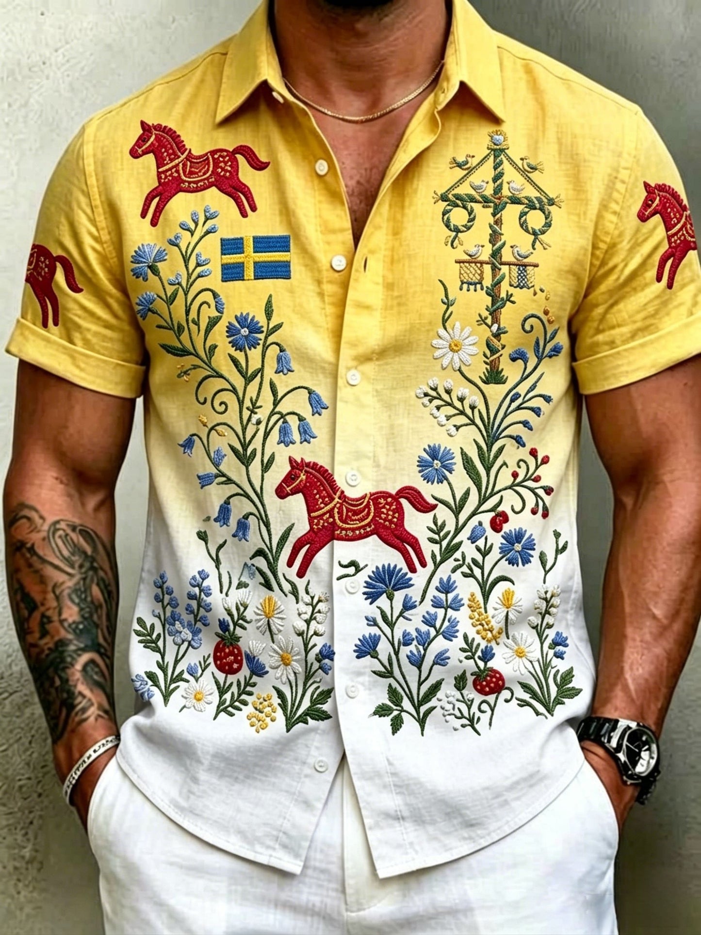 Men's retro Swedish Midsummer folk never-fading floral cotton-linen short-sleeved shirt