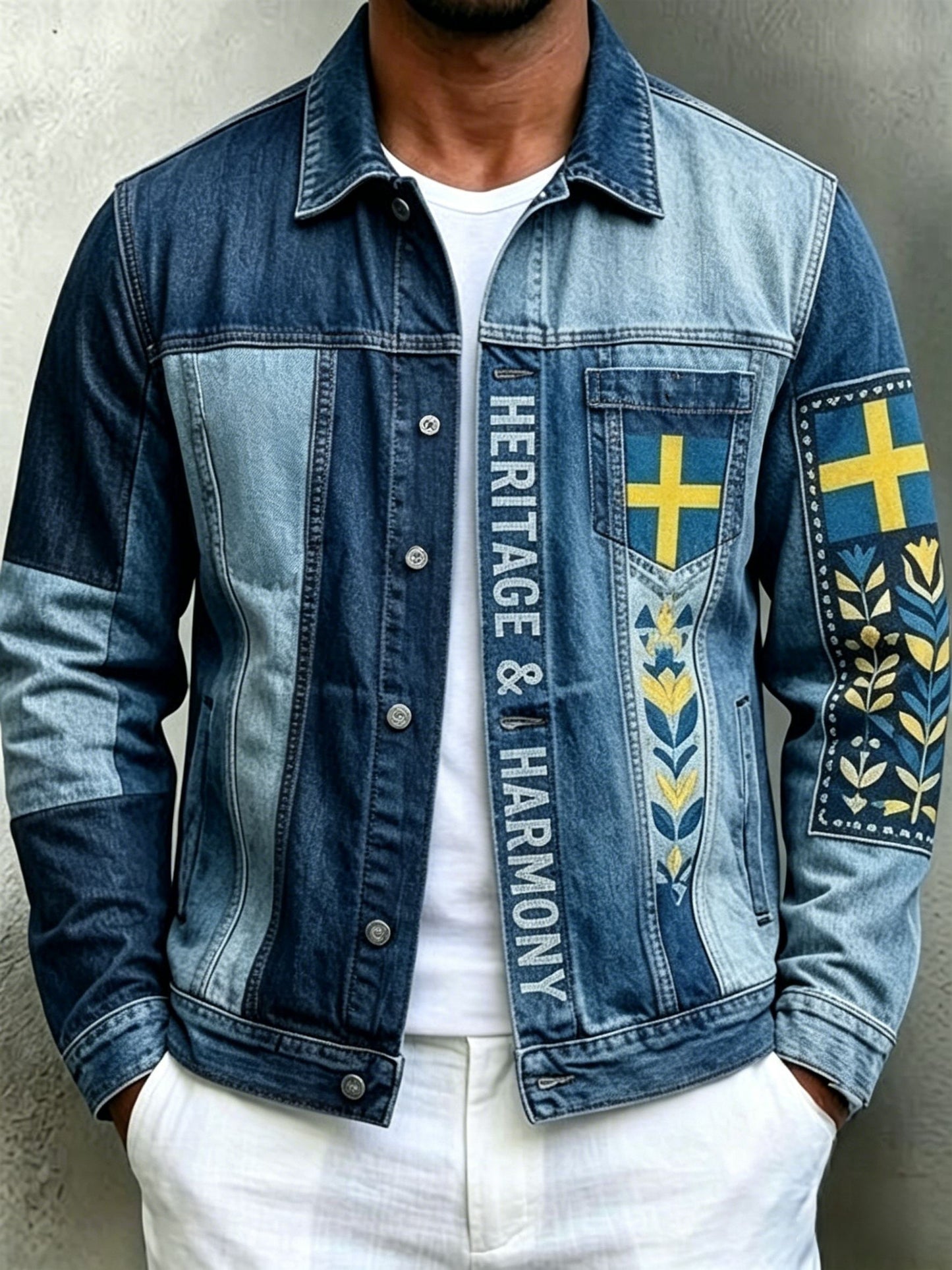 Herrretro svensk midsommarfolkaldrigblommig bomull-linnejacka med långa ärmar