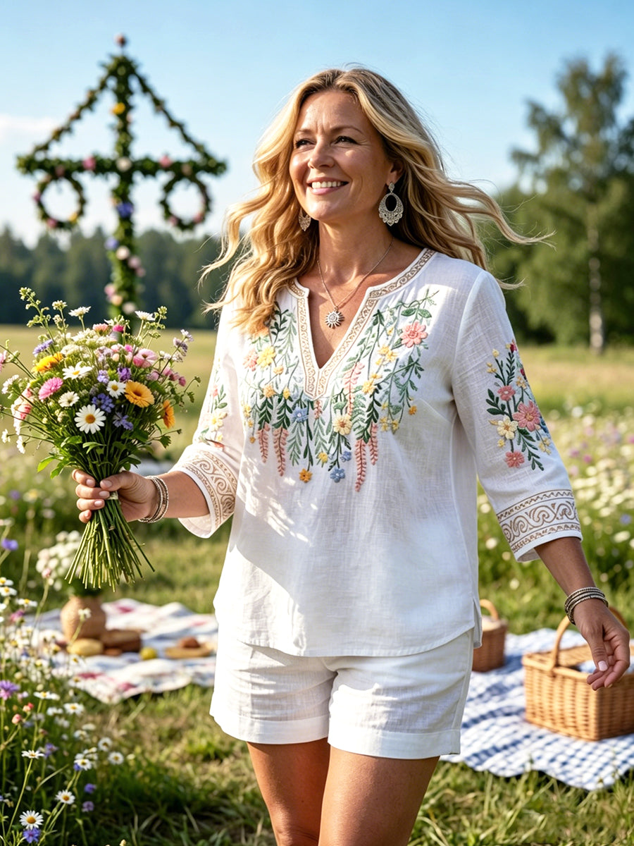 Dams Midsummer 3D-blommtryckt vit casual t-shirt med V-ringning