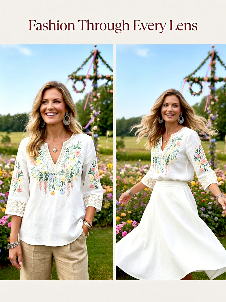Dams Midsummer 3D-blommtryckt vit casual t-shirt med V-ringning
