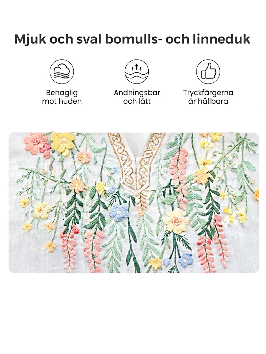 Dams Midsummer 3D-blommtryckt vit casual t-shirt med V-ringning