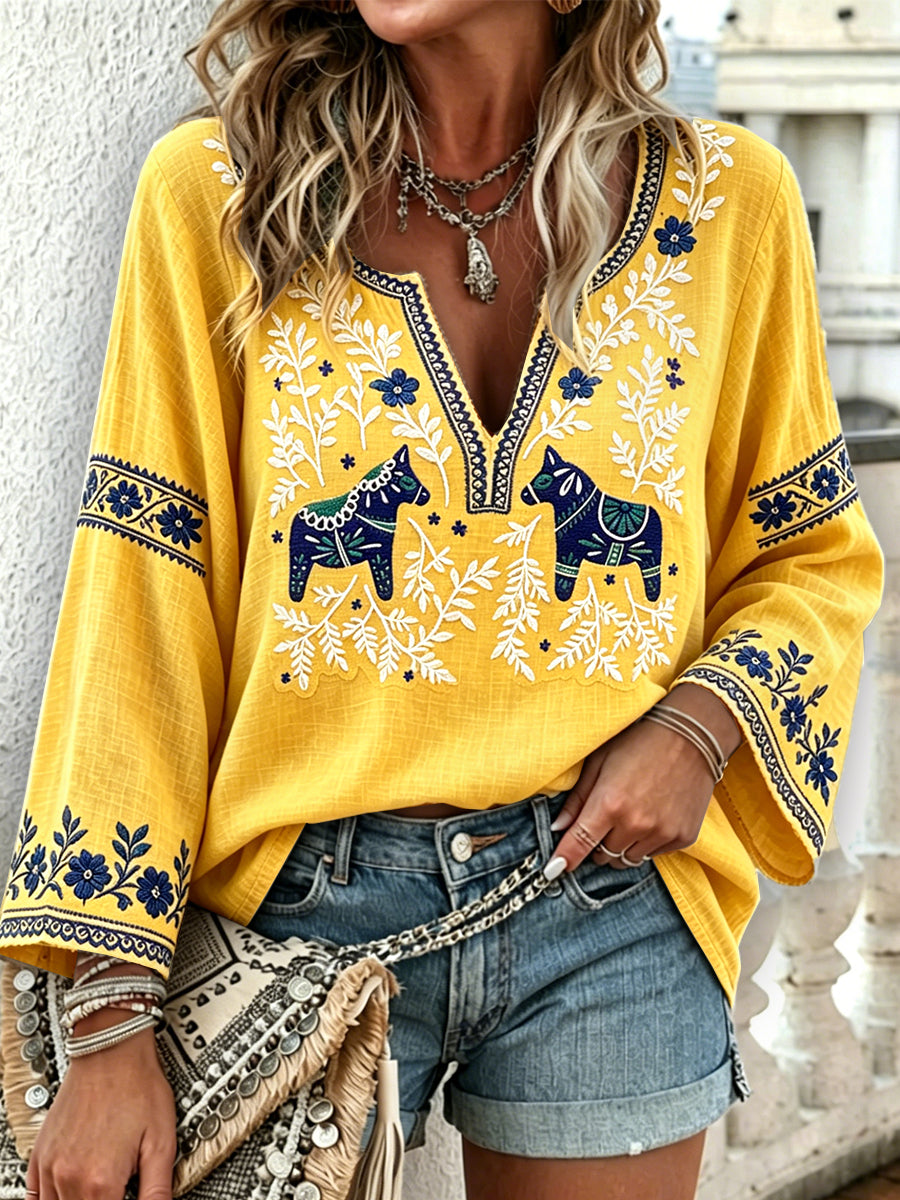 Women's Yellow Swedish Midsummer Dala Horse Print Casual V-Neck Long Sleeve T-Shirt