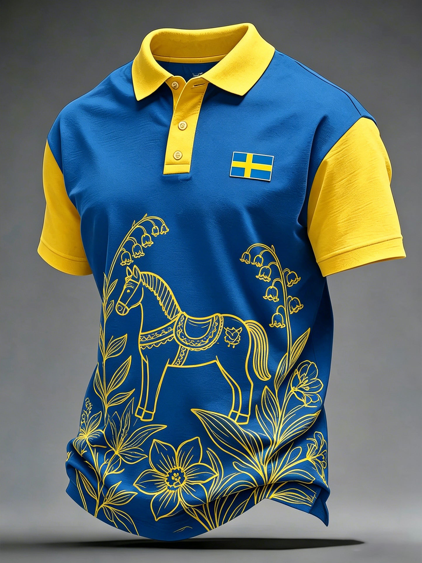 Herrpolo med konsttryck som hyllar Sveriges nationaldag och midsommarfesten