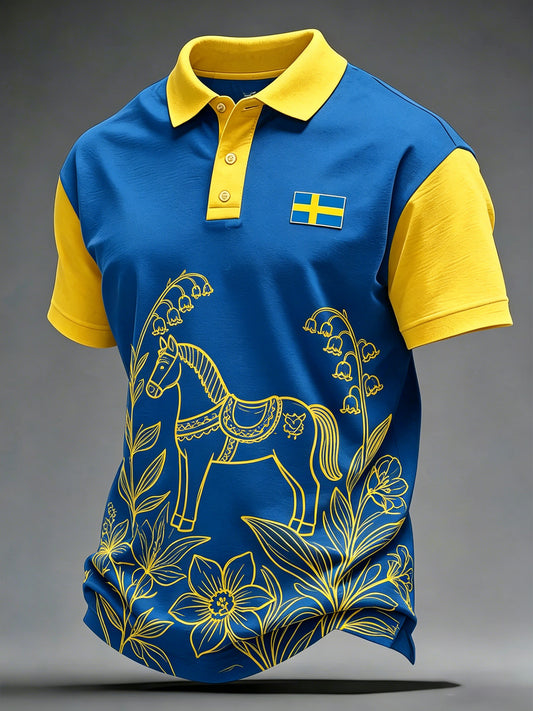 Men's polo shirt with a graphic print celebrating Sweden's National Day and Midsummer festivities