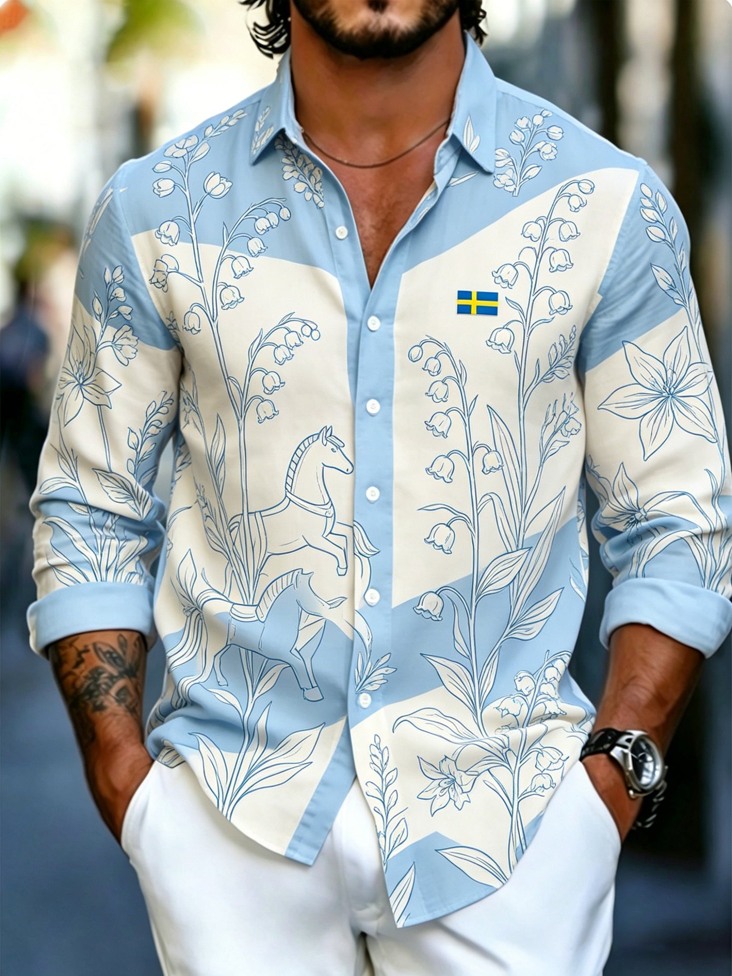 Herrtröja med långa ärmar och konstprint till minne av Sveriges nationaldag och midsommarfesten