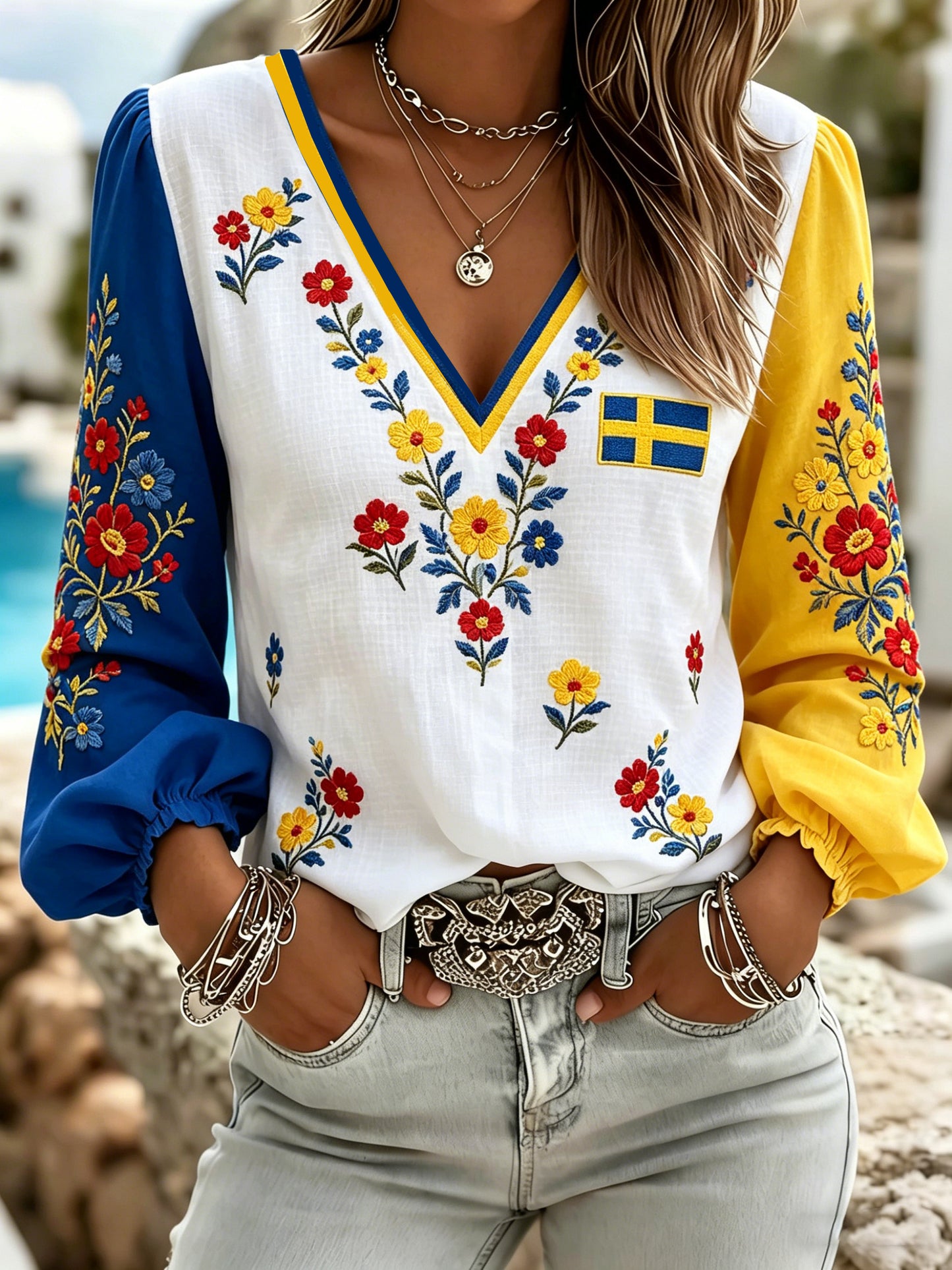 Ladies Swedish National Day Midsummer Festival Souvenir Art Print V-Neck Top