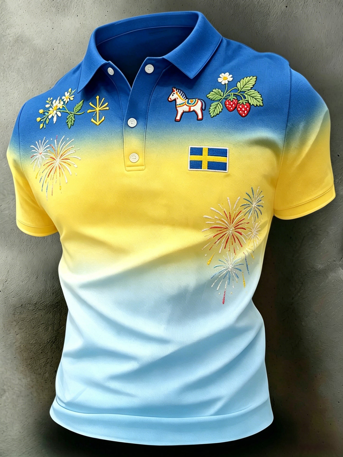Herrpolo med konsttryck som hyllar Sveriges nationaldag och midsommarfesten