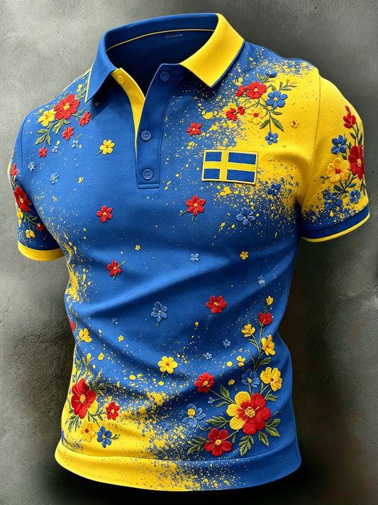 Men's polo shirt with a graphic print celebrating Sweden's National Day and Midsummer festivities