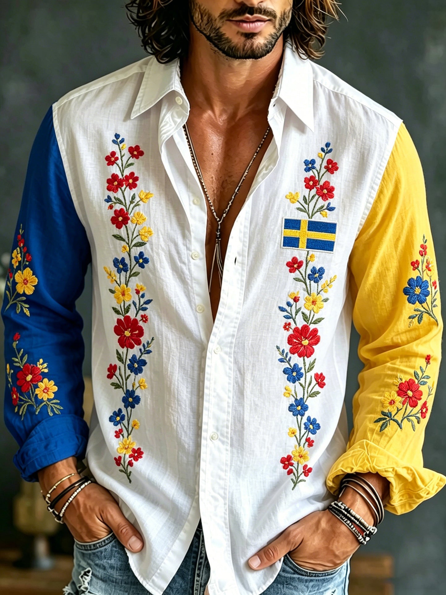 Herrtröja med långa ärmar och konstprint till minne av Sveriges nationaldag och midsommarfesten