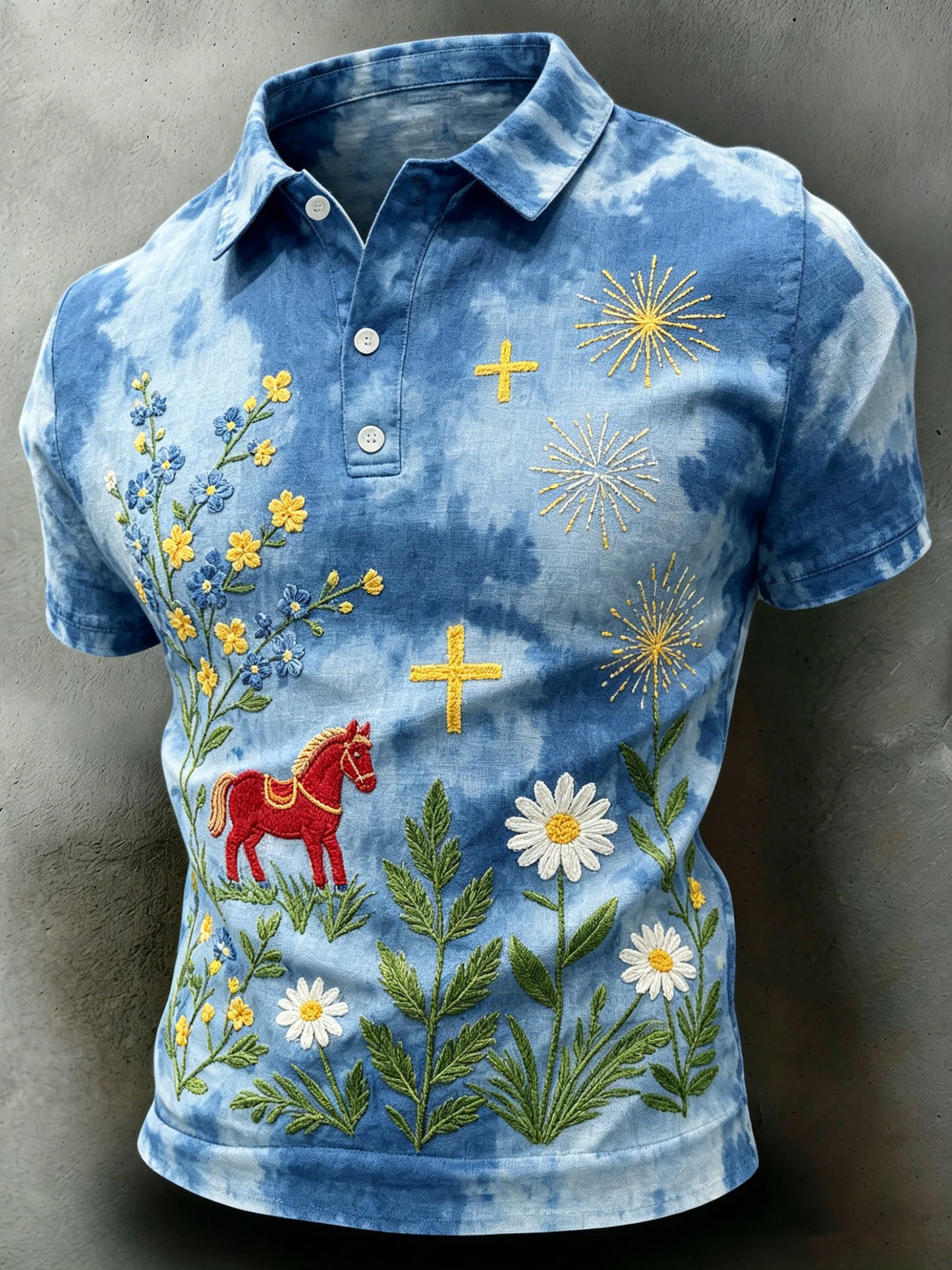 Men's polo shirt with a graphic print celebrating Sweden's National Day and Midsummer festivities