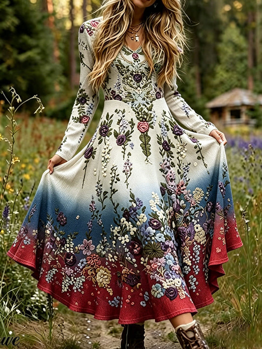 Women's dress in Scandinavian style with a Nordic floral motif printed on linen fabric