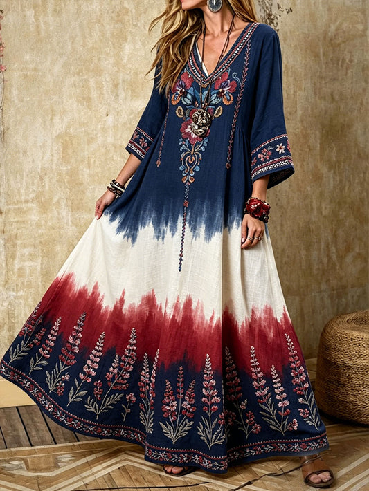 Women Scandinavian Style Nordic Floral Art Printed Linen Dress