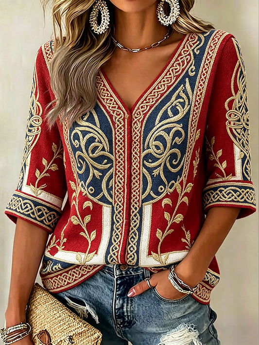 Women's linen tops in Scandinavian style with Nordic floral motif and print
