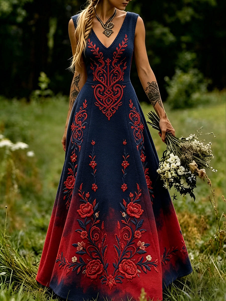 Women Scandinavia Nordic Floral Art Printed Dress
