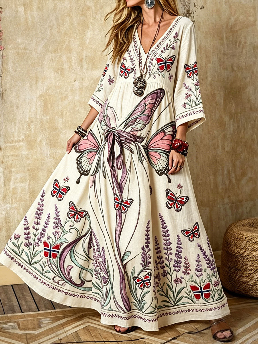 Women's dress in Scandinavian style with a Nordic floral motif printed on linen fabric